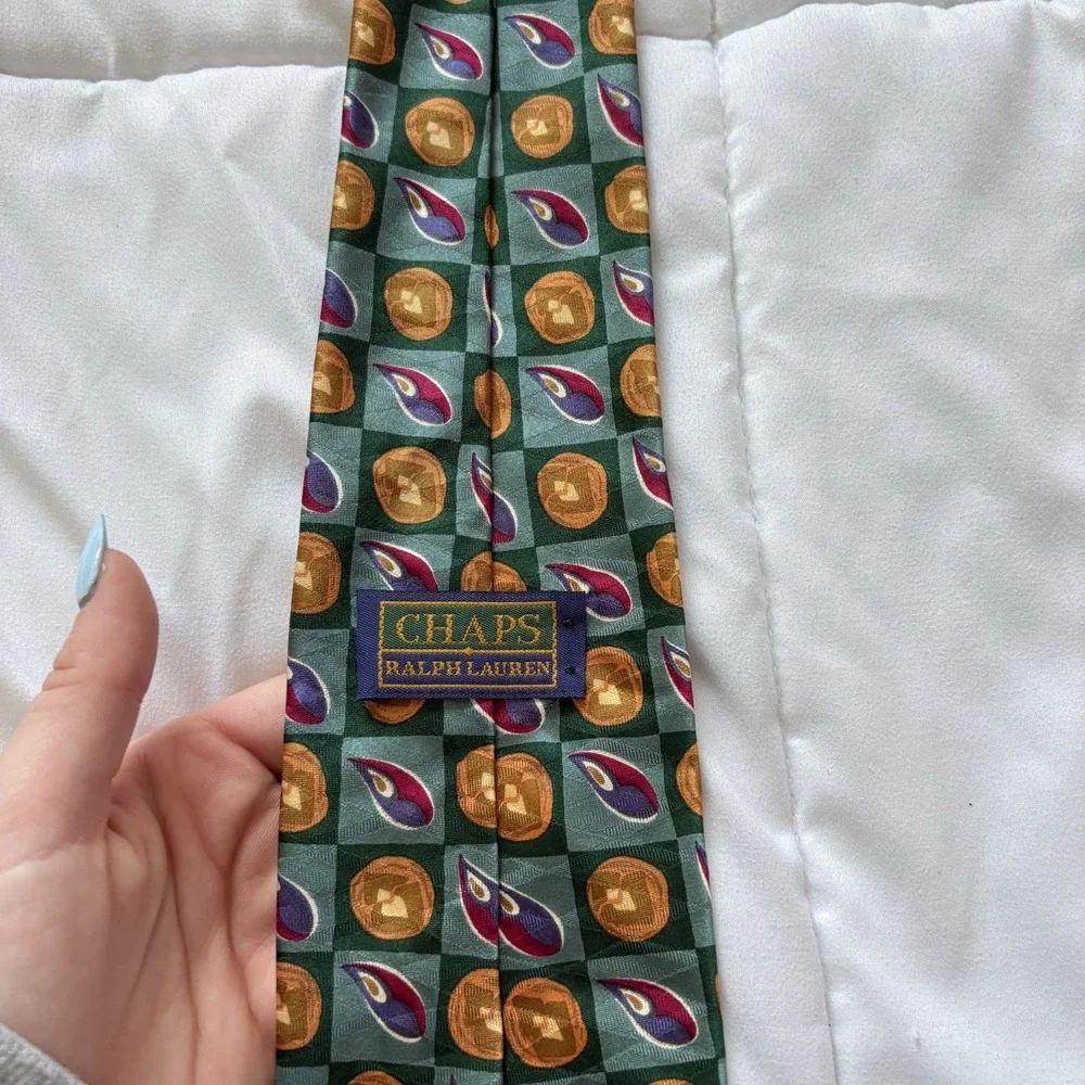 Vintage Chaps Ralph Lauren Mens 100%‎ Silk Tie Necktie Designer Luxury Green 90s